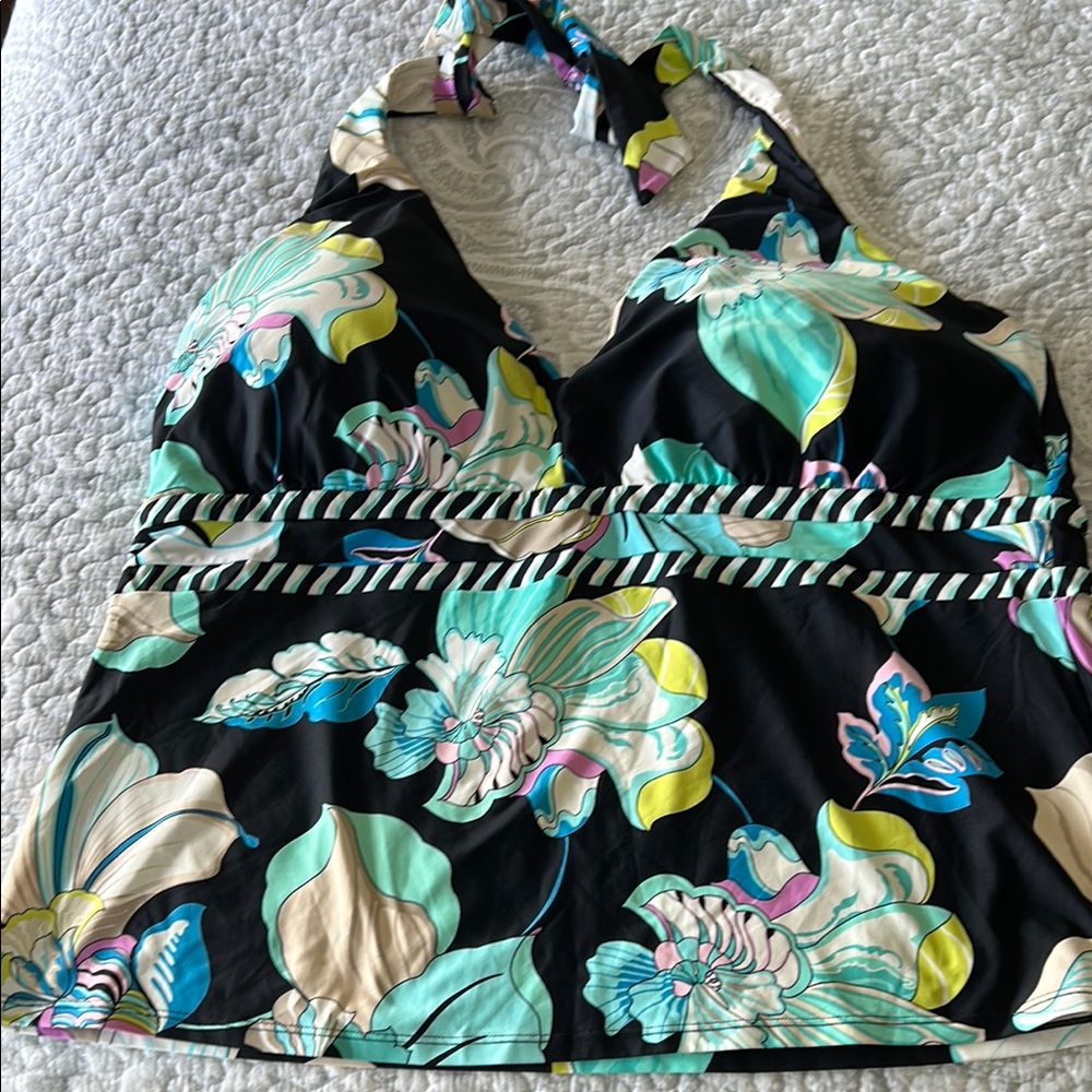Trina Turk Black Floral Halter Tankini Swim Top